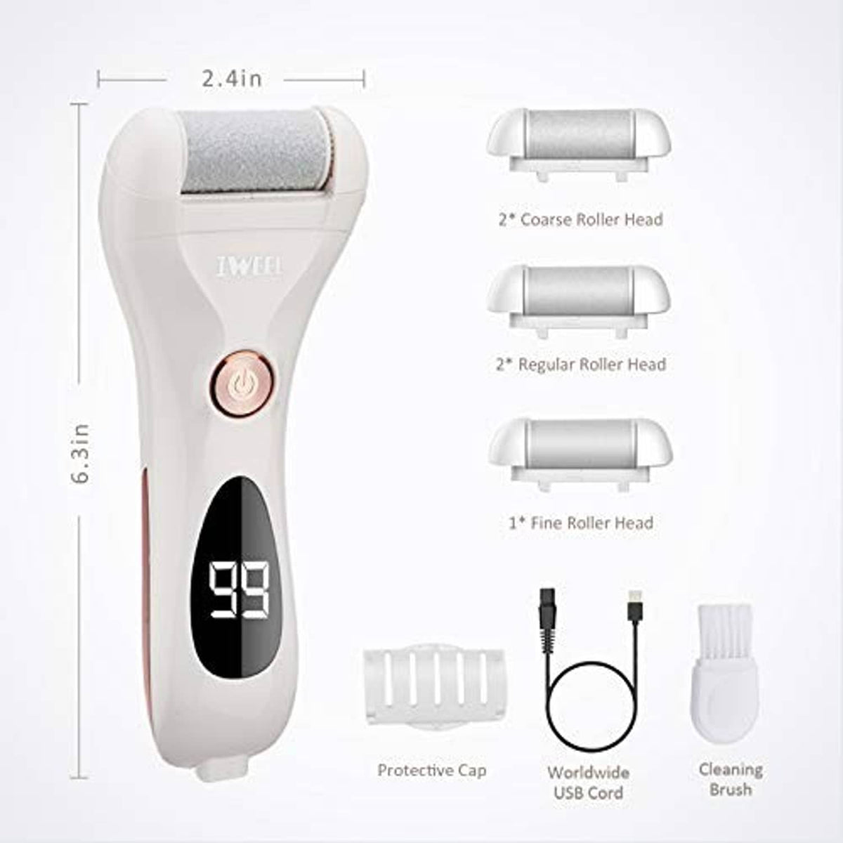 Electric foot callus remover with roller heads and included accessories labeled on diagram