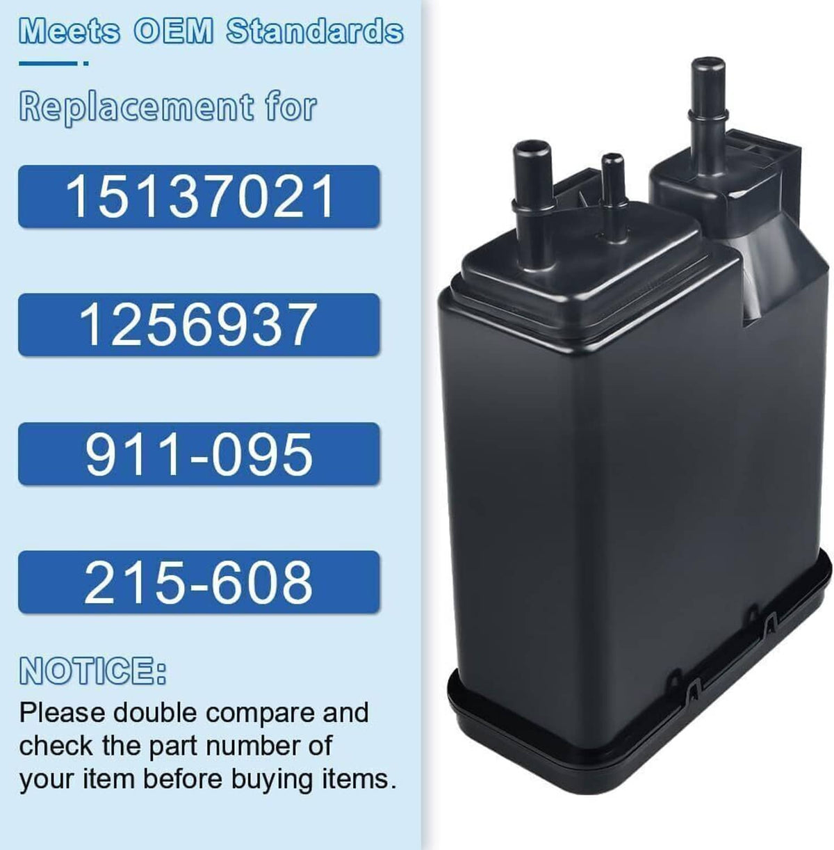 Black vapor canister with top hose fittings and molded bottom base