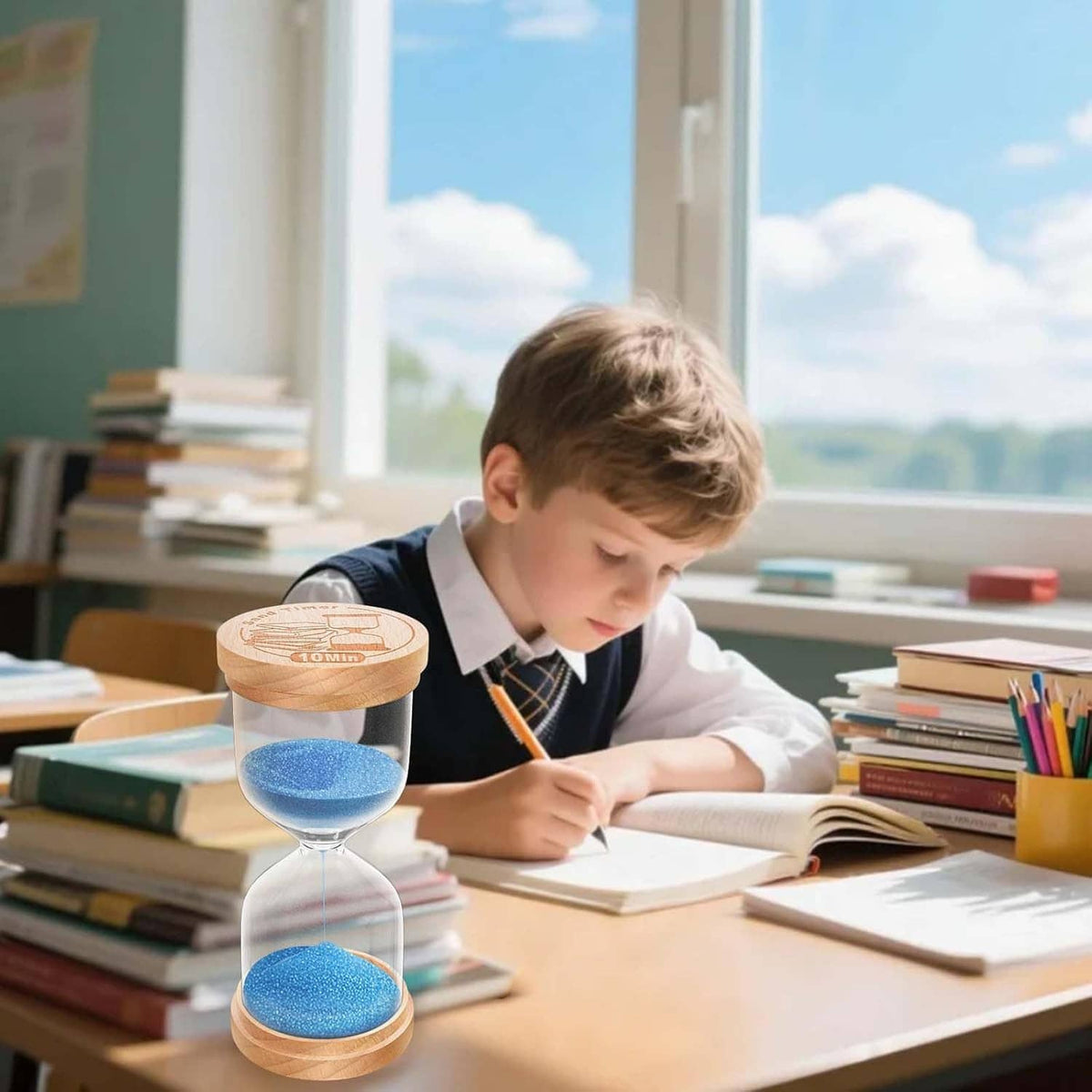 Wooden hourglass sand timer with blue sand on a desk near books