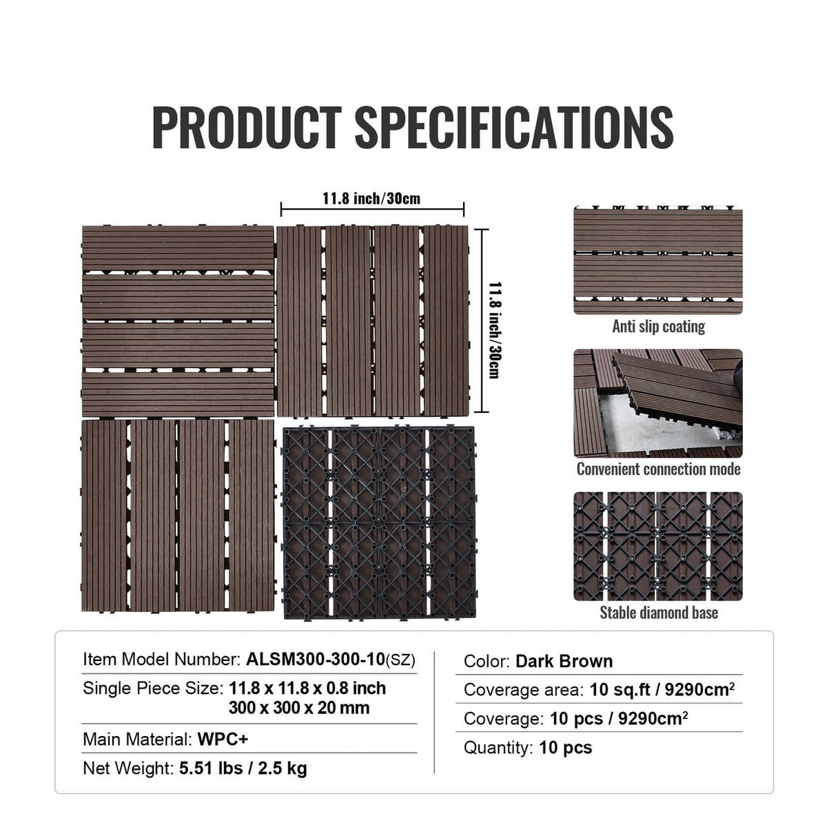 Dark brown interlocking deck tile pieces with diamond-pattern underside base