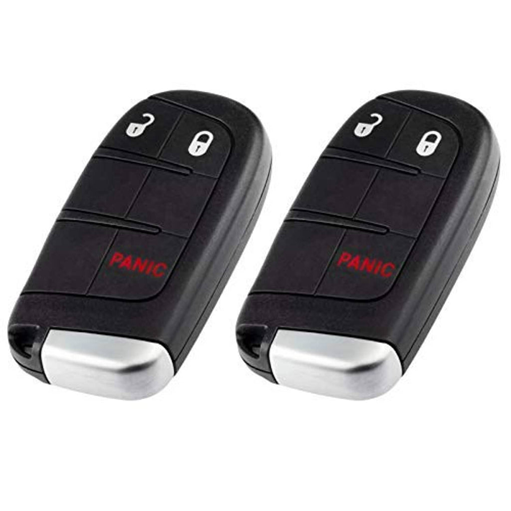 Black remote key fob with lock, unlock, and red panic button on front