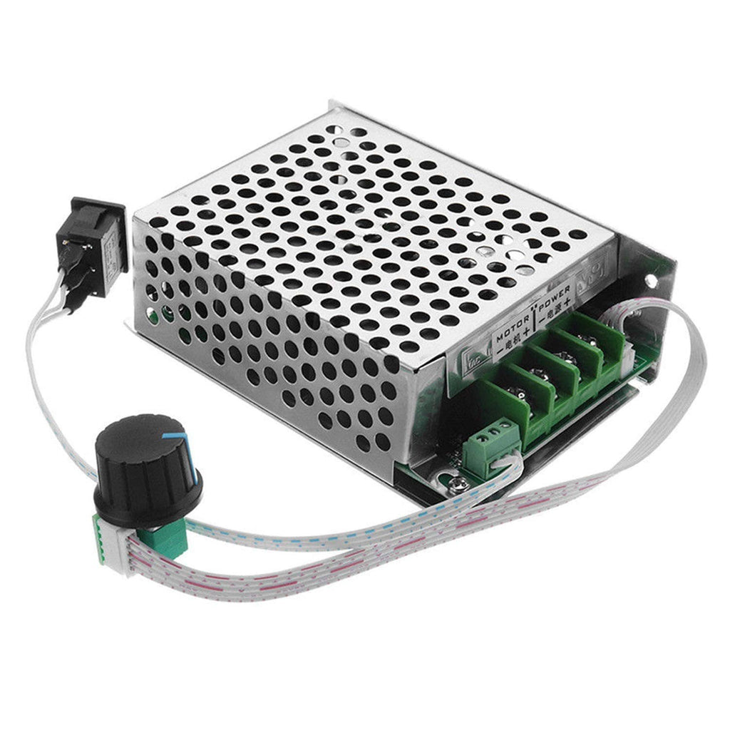 DC motor speed controller power module with perforated metal casing and green terminal blocks