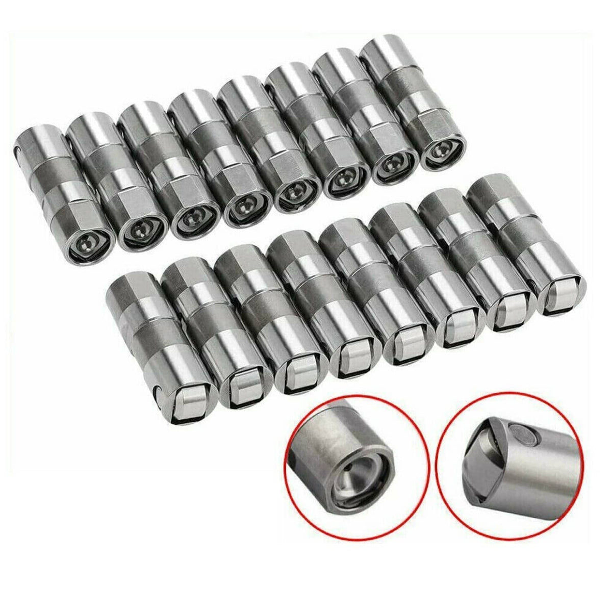 Metal hydraulic lifters with hex nuts and roller ends, arranged in two rows