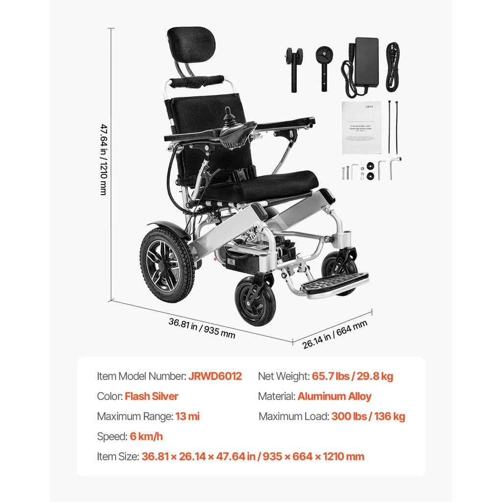 Electric wheelchair with black cushioned seat and backrest; silver frame on small wheels.