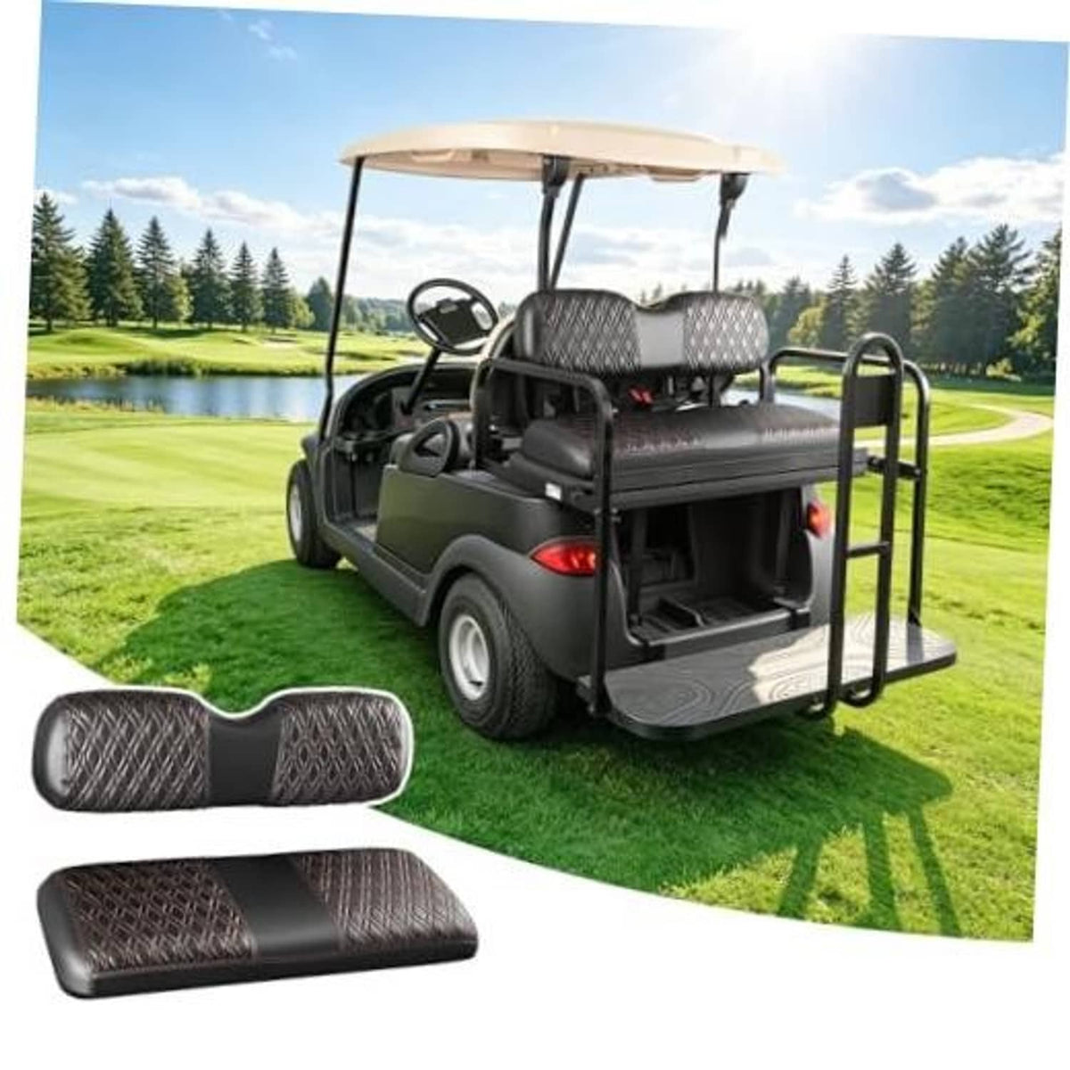 Universal golf cart seat cover, dark gray leather-look with diamond pattern cushion pads