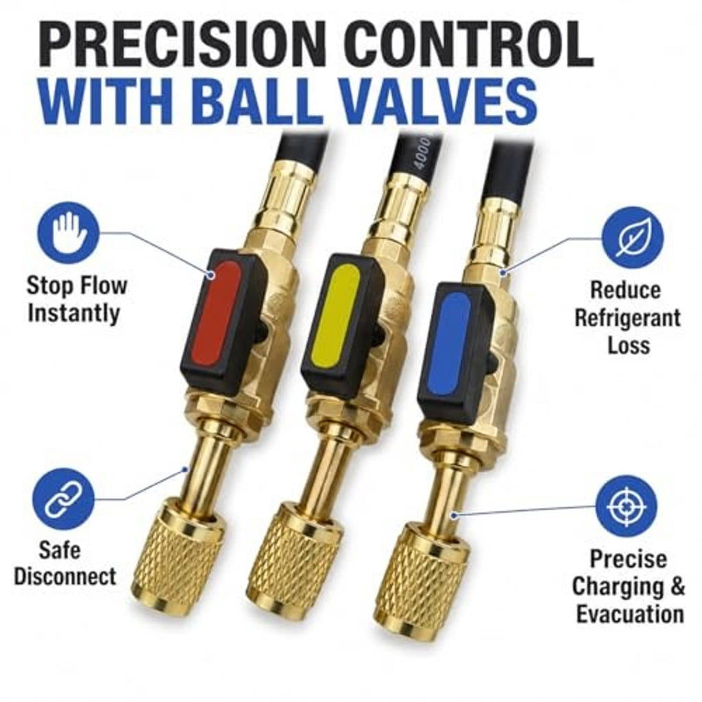 Three ball valves on black AC charging hoses with brass fittings and color-coded handles