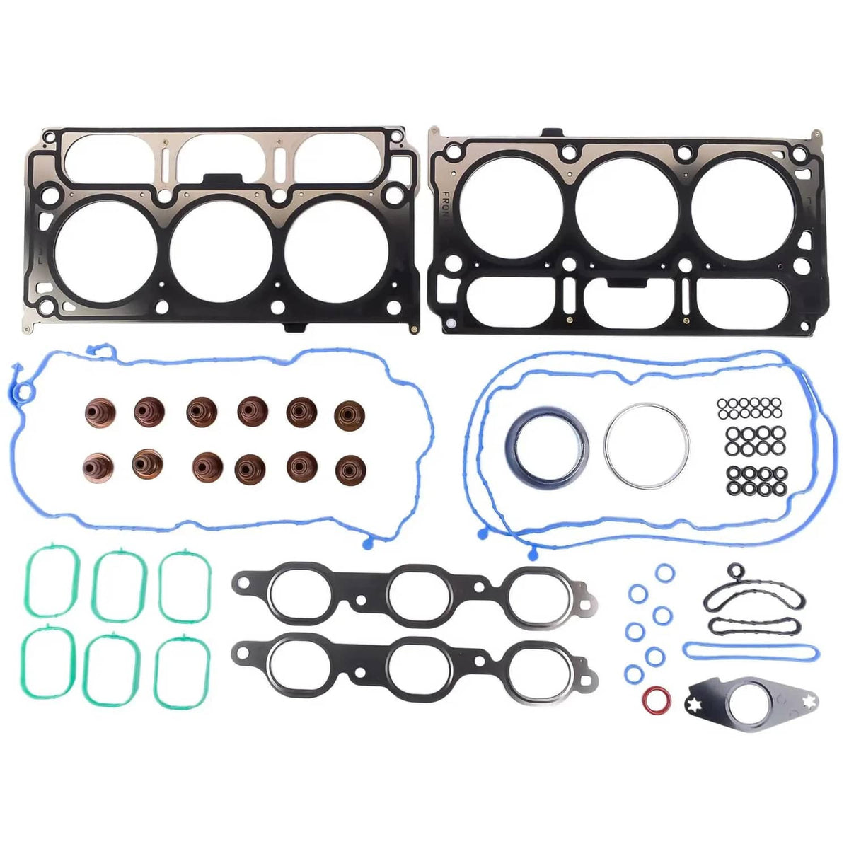 Camshaft lifter kit parts laid out: gaskets, lifters, and fasteners