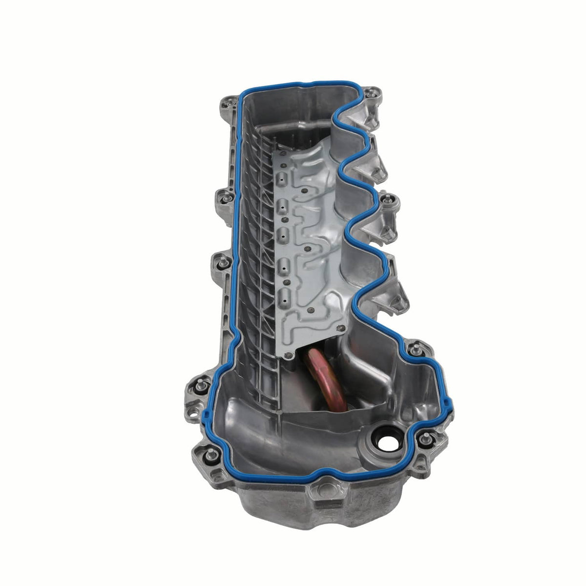 Engine valve cover cross-section view with blue gasket edge and internal baffle plate