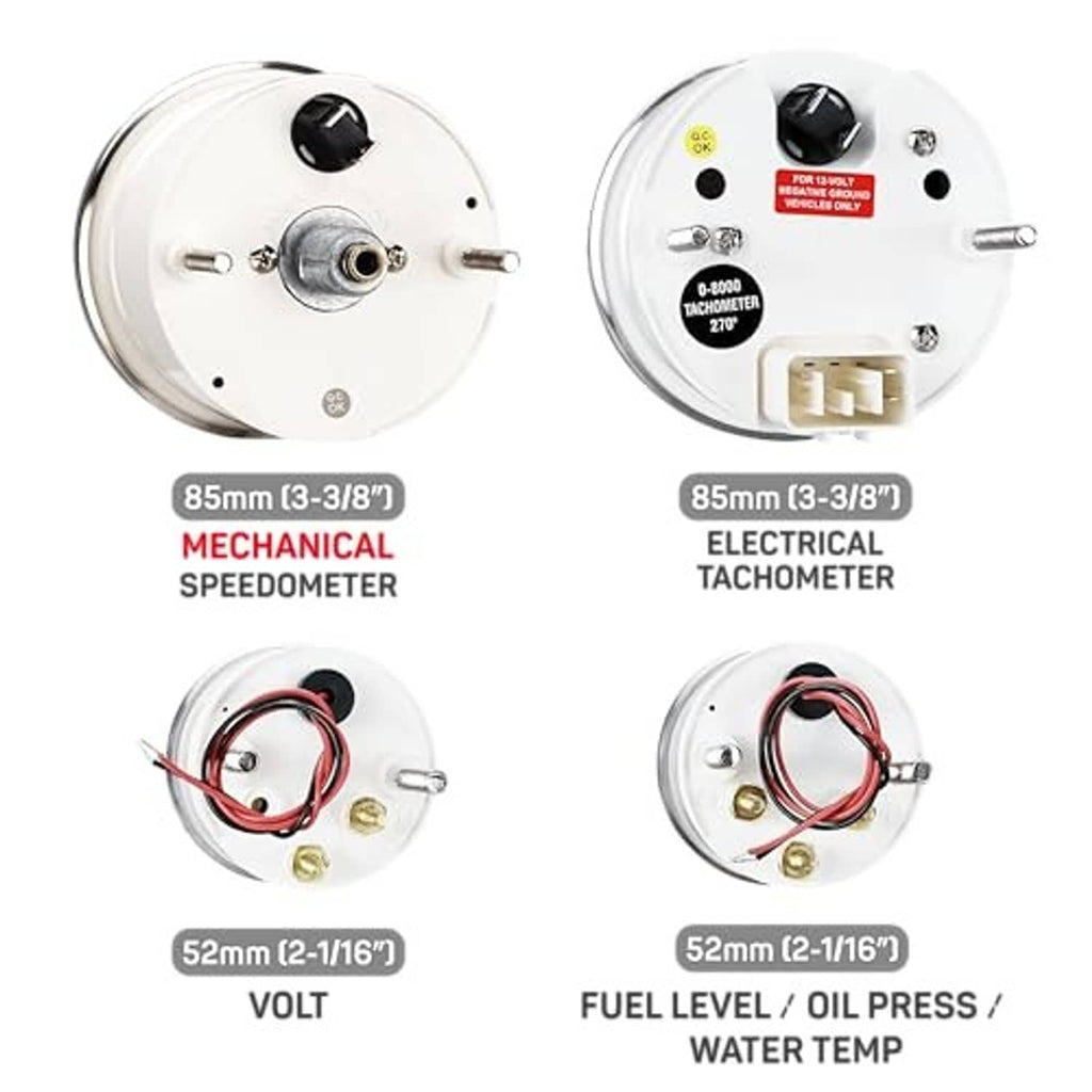 Back view of gauges with connectors and wiring for mechanical speedometer, tachometer, volt