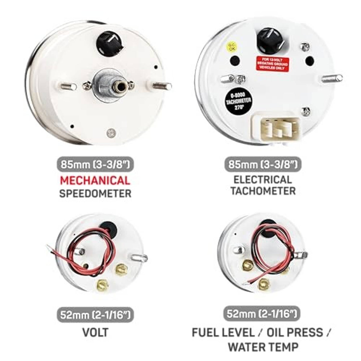 Back view of gauges with connectors and wiring for mechanical speedometer, tachometer, volt