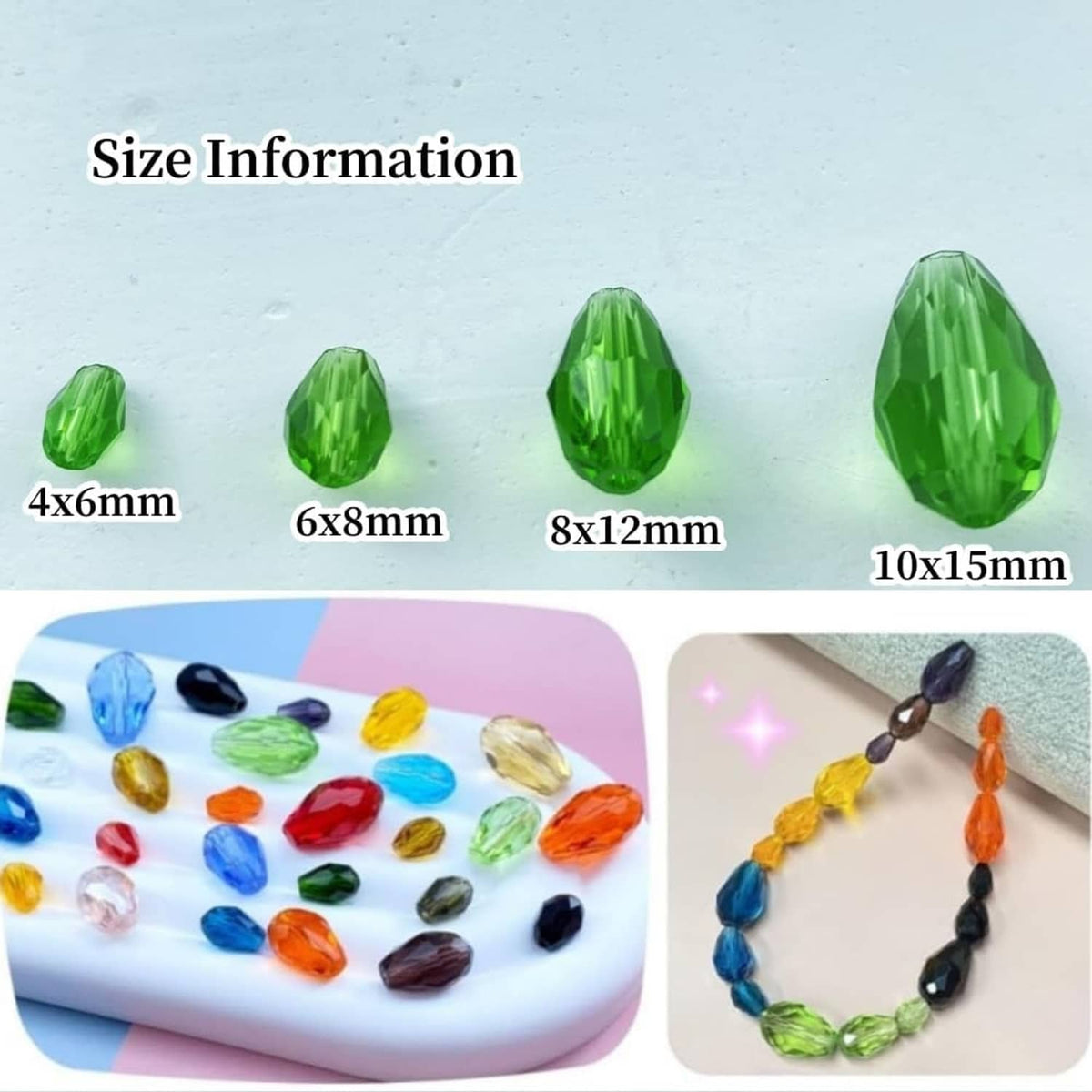 Green faceted teardrop glass beads showing 4x6mm, 6x8mm, 8x12mm, 10x15mm