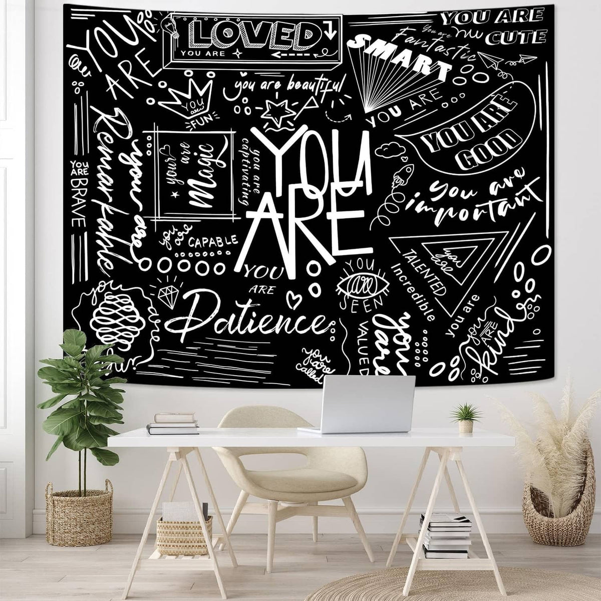 Black kids motivational tapestry with white quote doodle design and central 'You Are Art' artwork