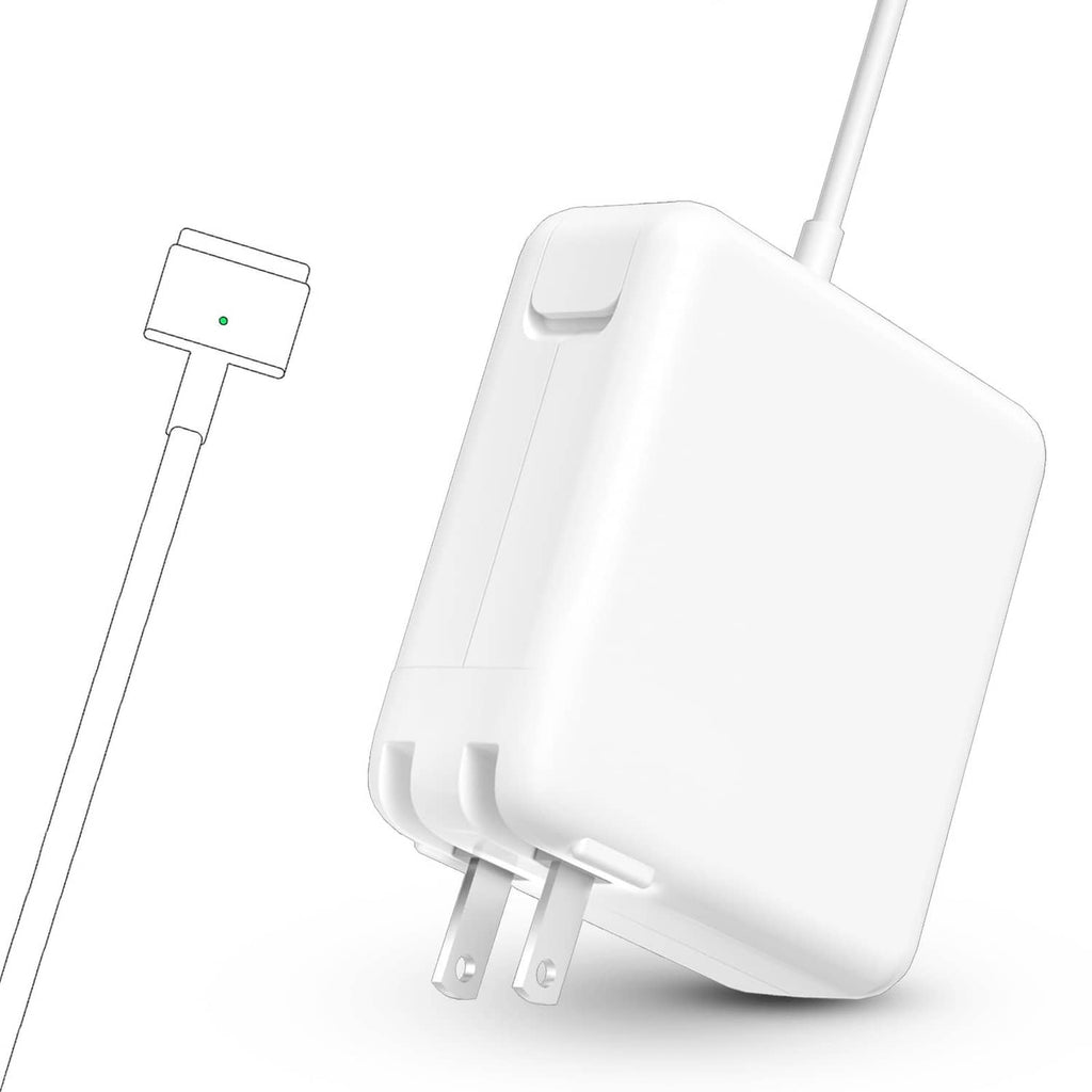 White 85W magnetic T-Tip MacBook charger with two-pin plug and attached cable
