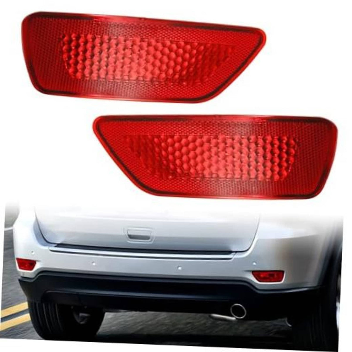 Red rear bumper reflector light lamps, two-piece set with textured lens pattern.