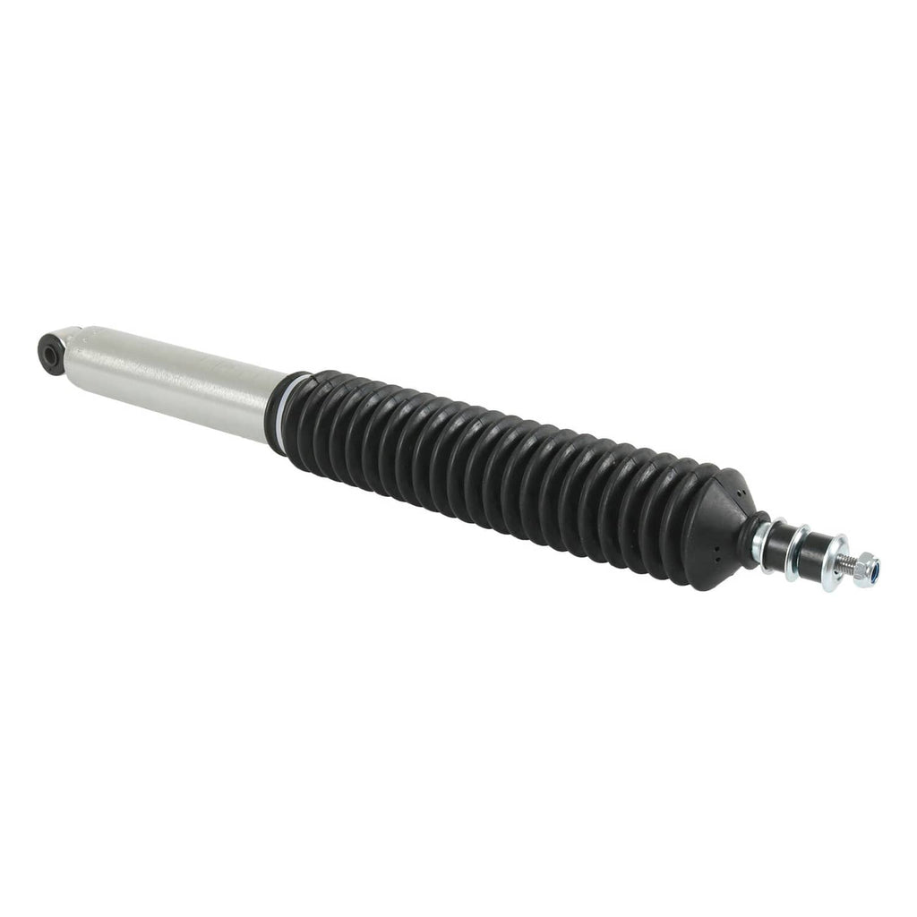 Rear shock absorber with black coil spring boot and silver cylinder, angled view