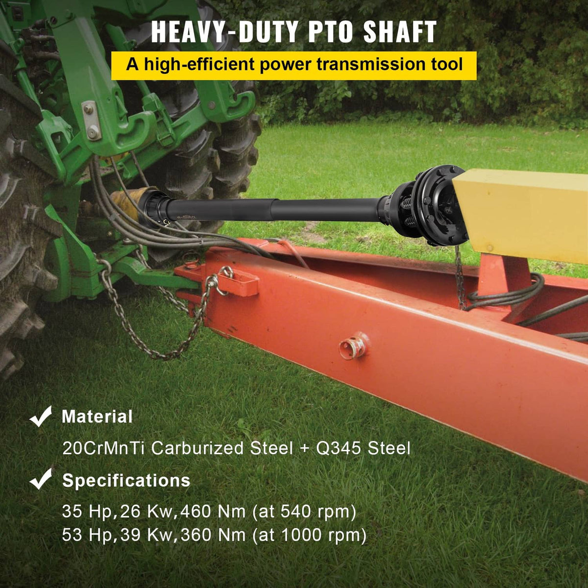 Black PTO drive shaft with slip clutch and chain safety on a tractor