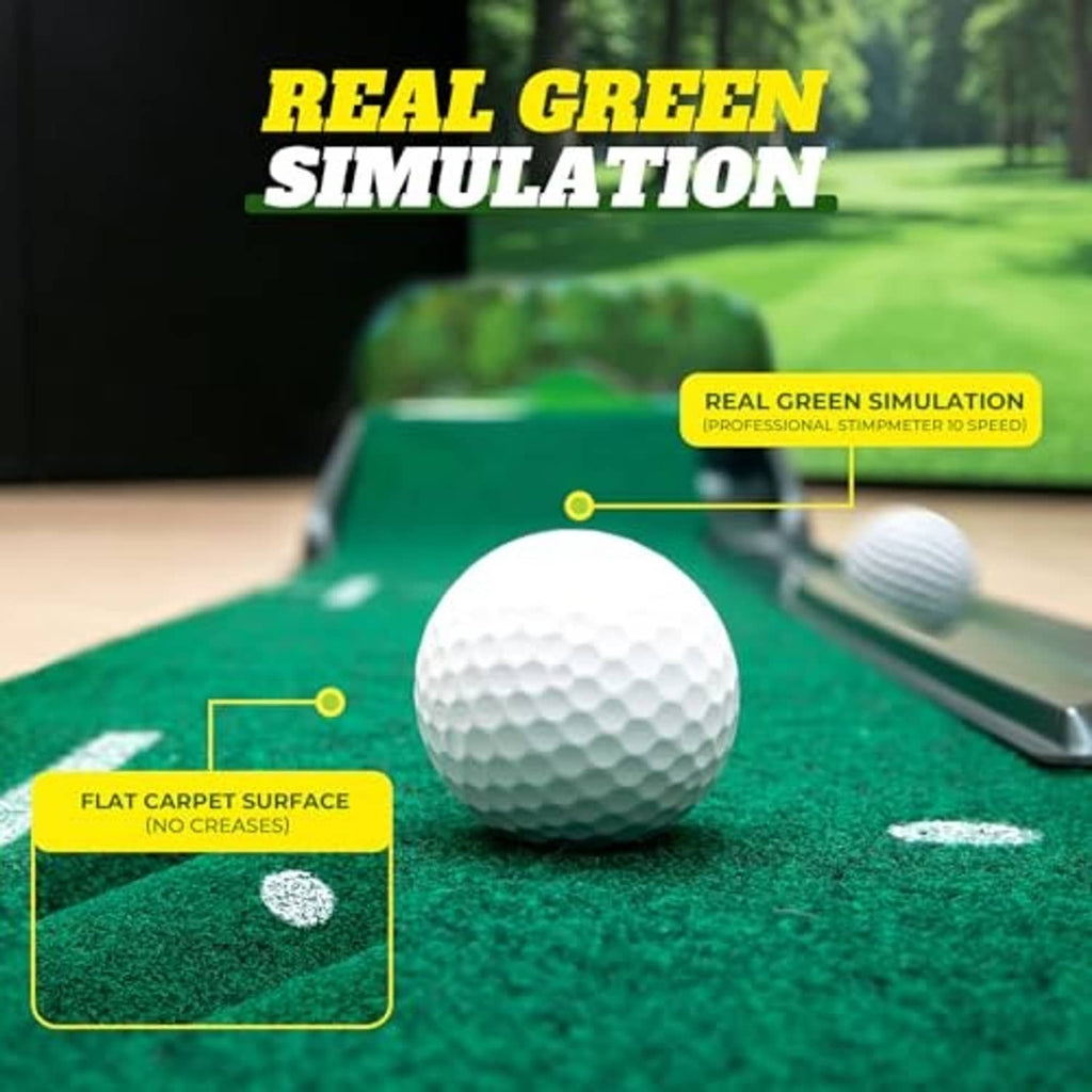 Textured green putting surface with ball on an indoor putting mat