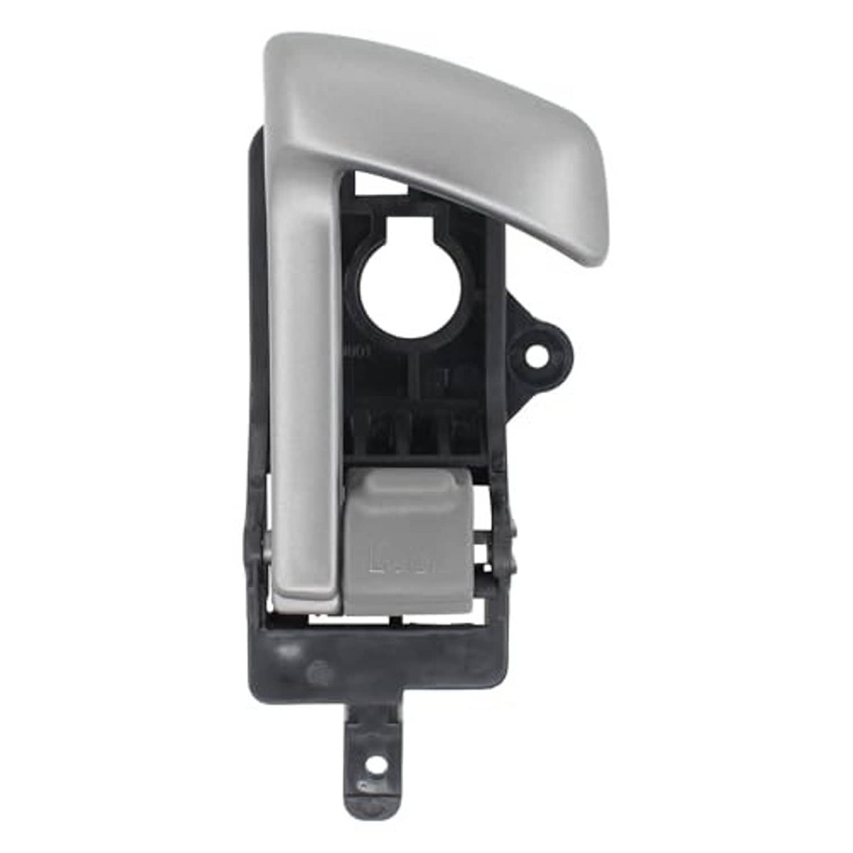 Gray interior door handle with black housing, circular lock opening, and mounting tab.
