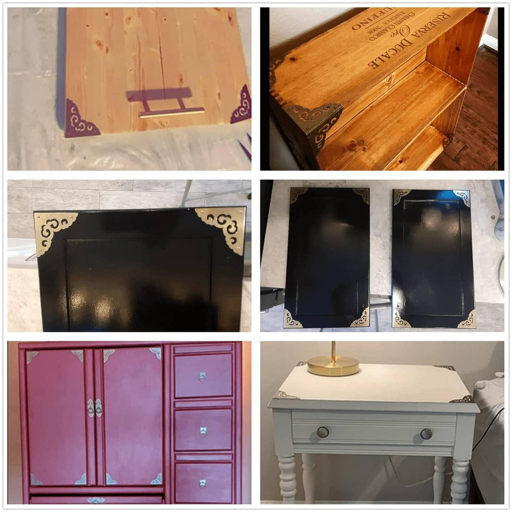 Brass decorative corner cover brackets installed on wooden cabinet corners with screws visible