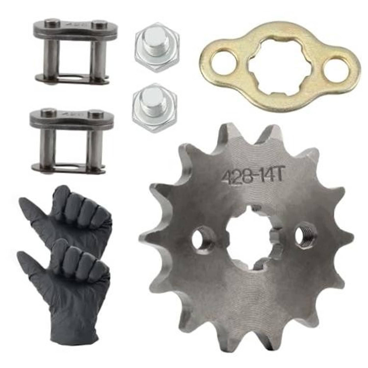 17mm front sprocket kit with 428-14T sprocket, gold plate, nuts, and gloves
