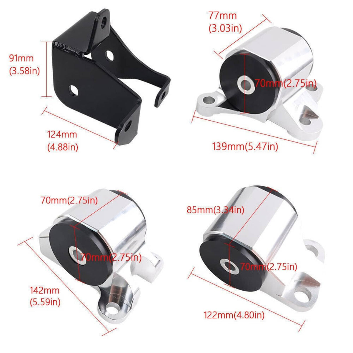 Motor mount bracket with black bushing and silver housing, shown with dimension labels
