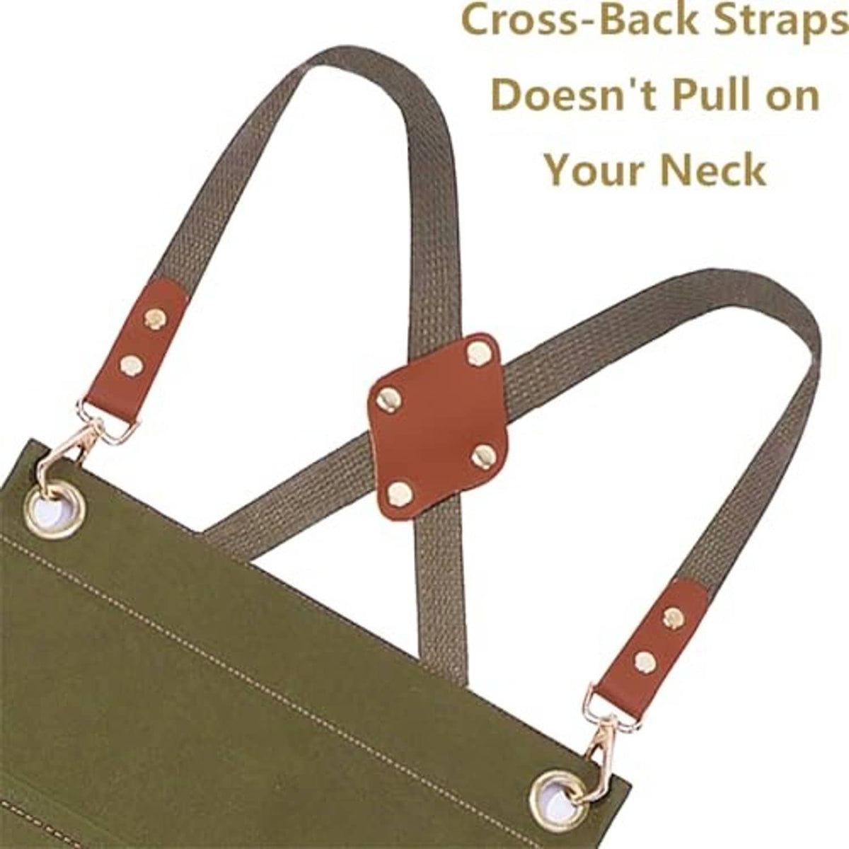 Olive green apron cross-back straps with brown leather connectors and metal rings