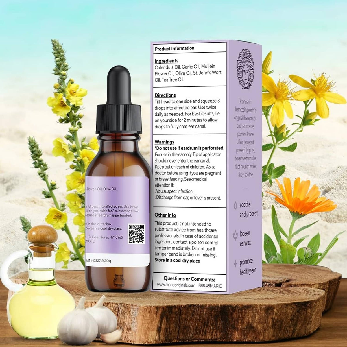 Marie Originals ear drops bottle and ingredient panel box, 1 fl oz