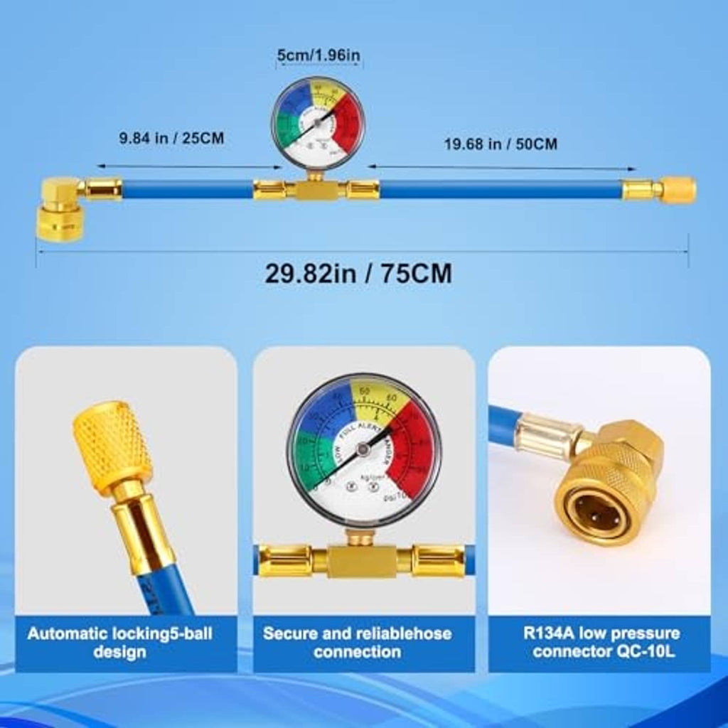 R134A charge hose kit with pressure gauge, blue hose and gold fittings; 75 cm