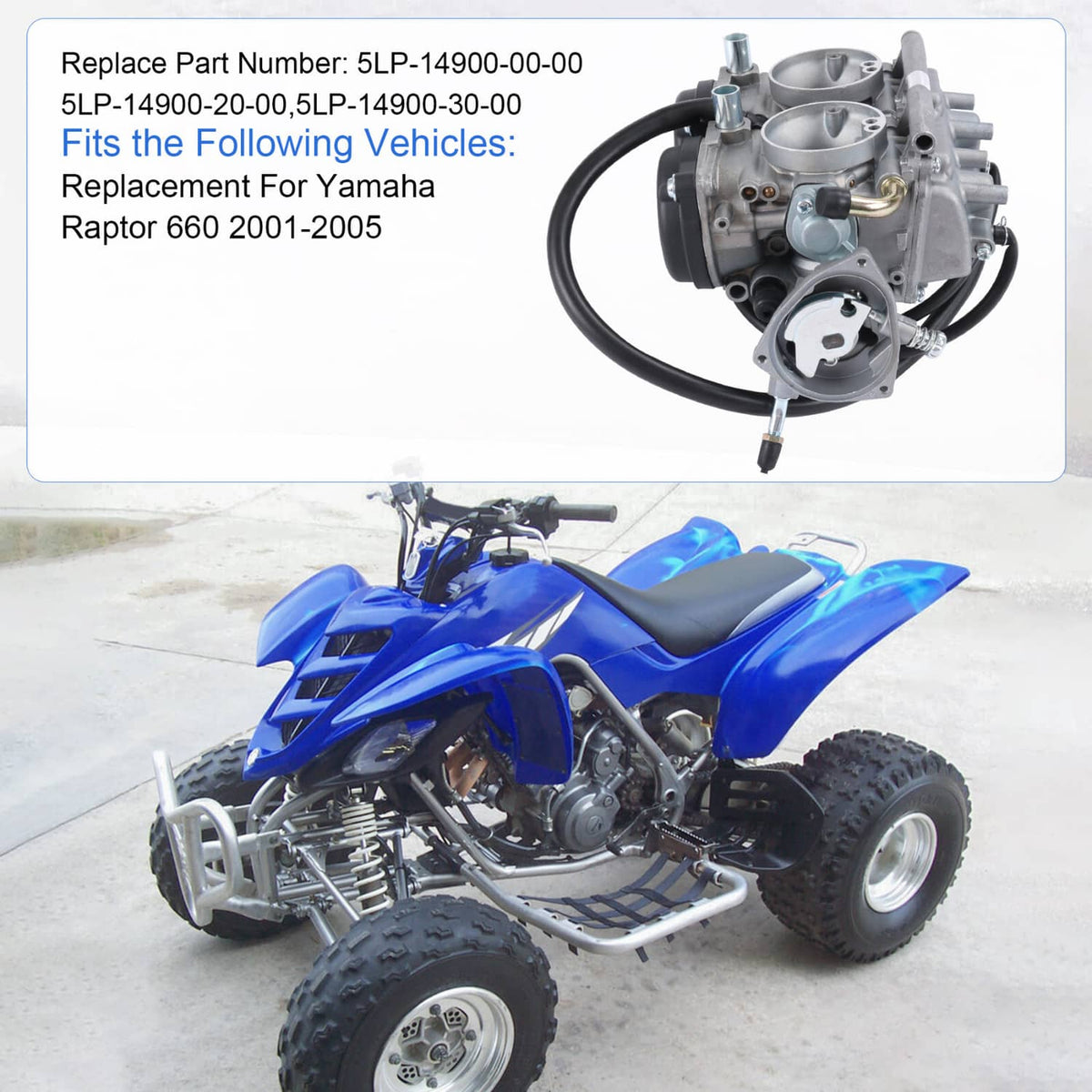 Carburetor installed on blue ATV engine with black intake and fuel hoses