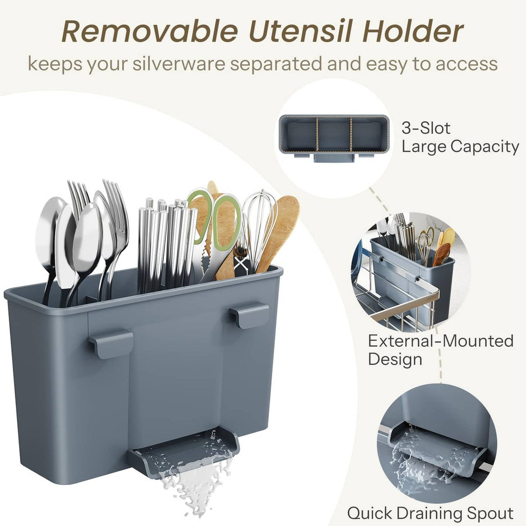 Dish drying rack with removable utensil holder compartment for silverware