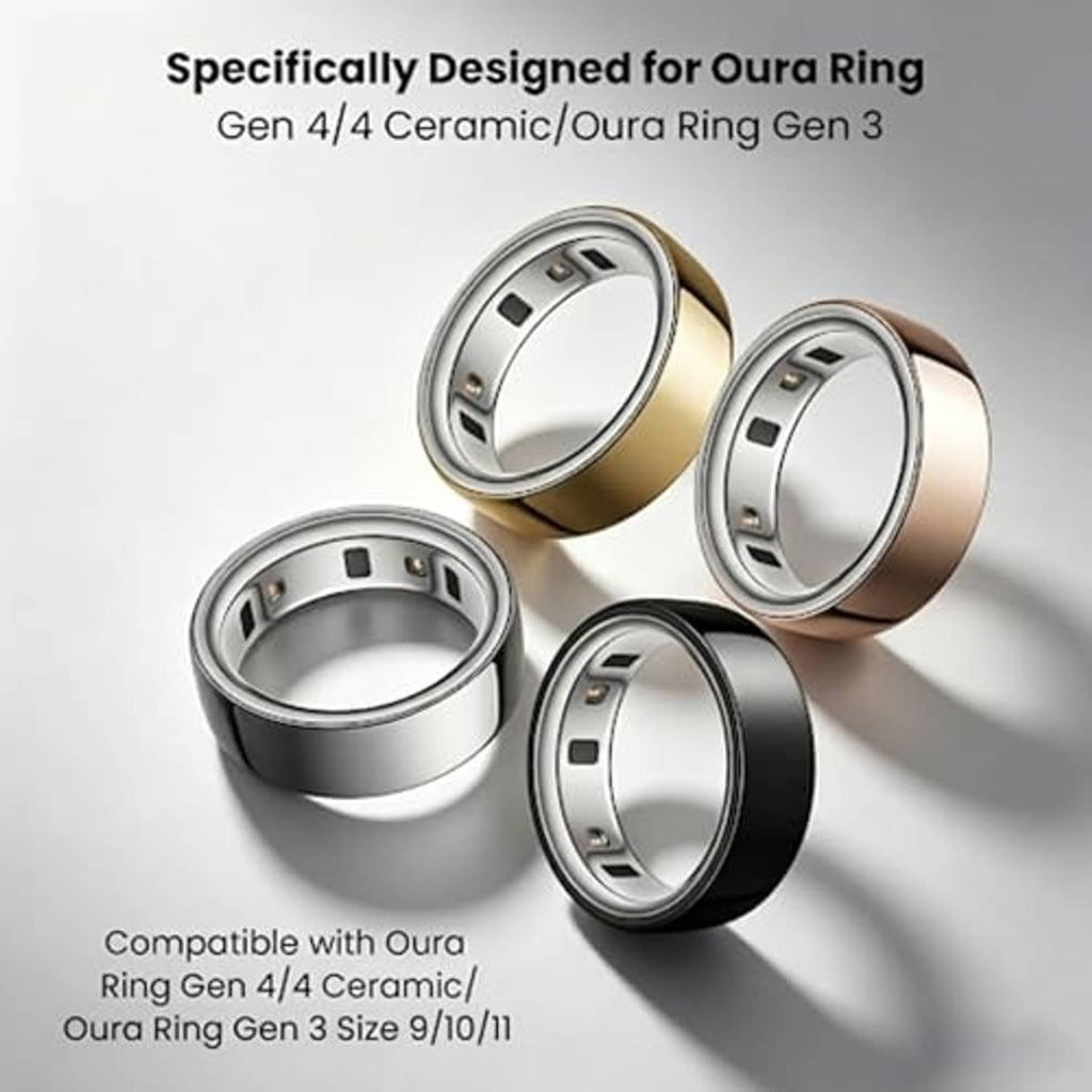 Set of compatible Oura Ring covers in silver, gold, rose gold, and dark finishes