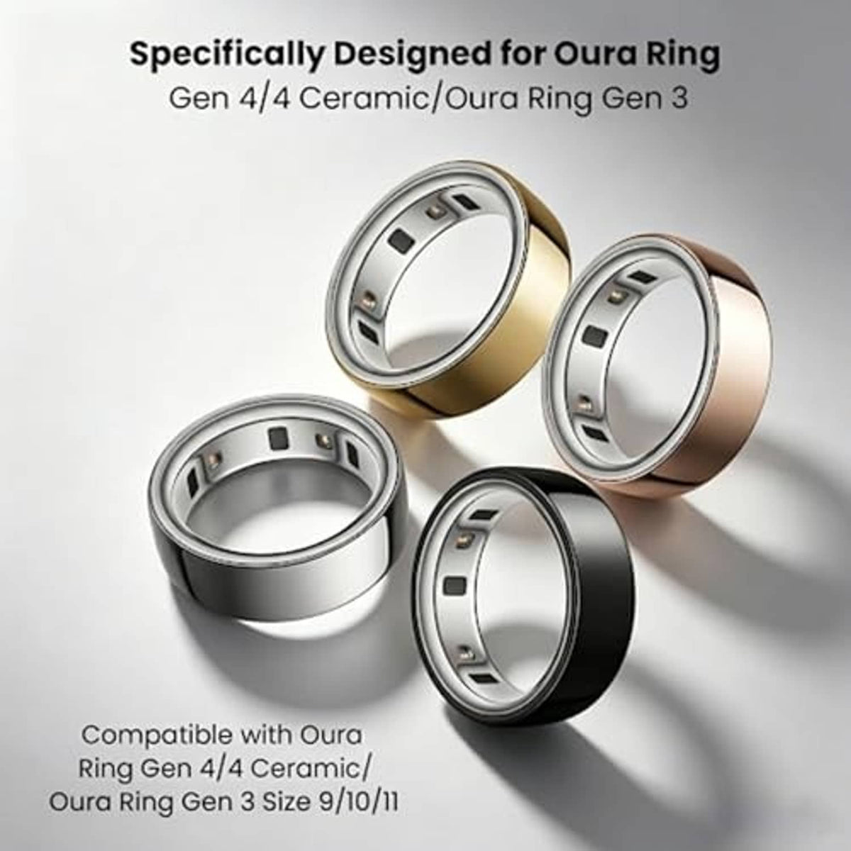 Set of compatible Oura Ring covers in silver, gold, rose gold, and dark finishes