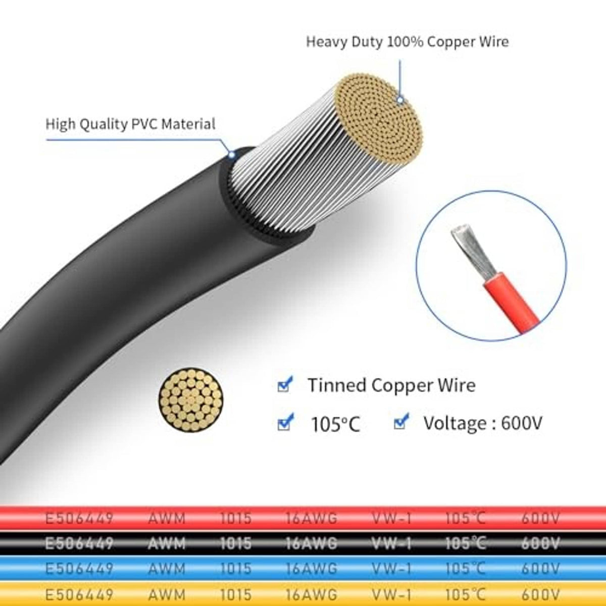 Heavy-duty black cable with tinned copper wire, 105°C rated insulation for relay wiring