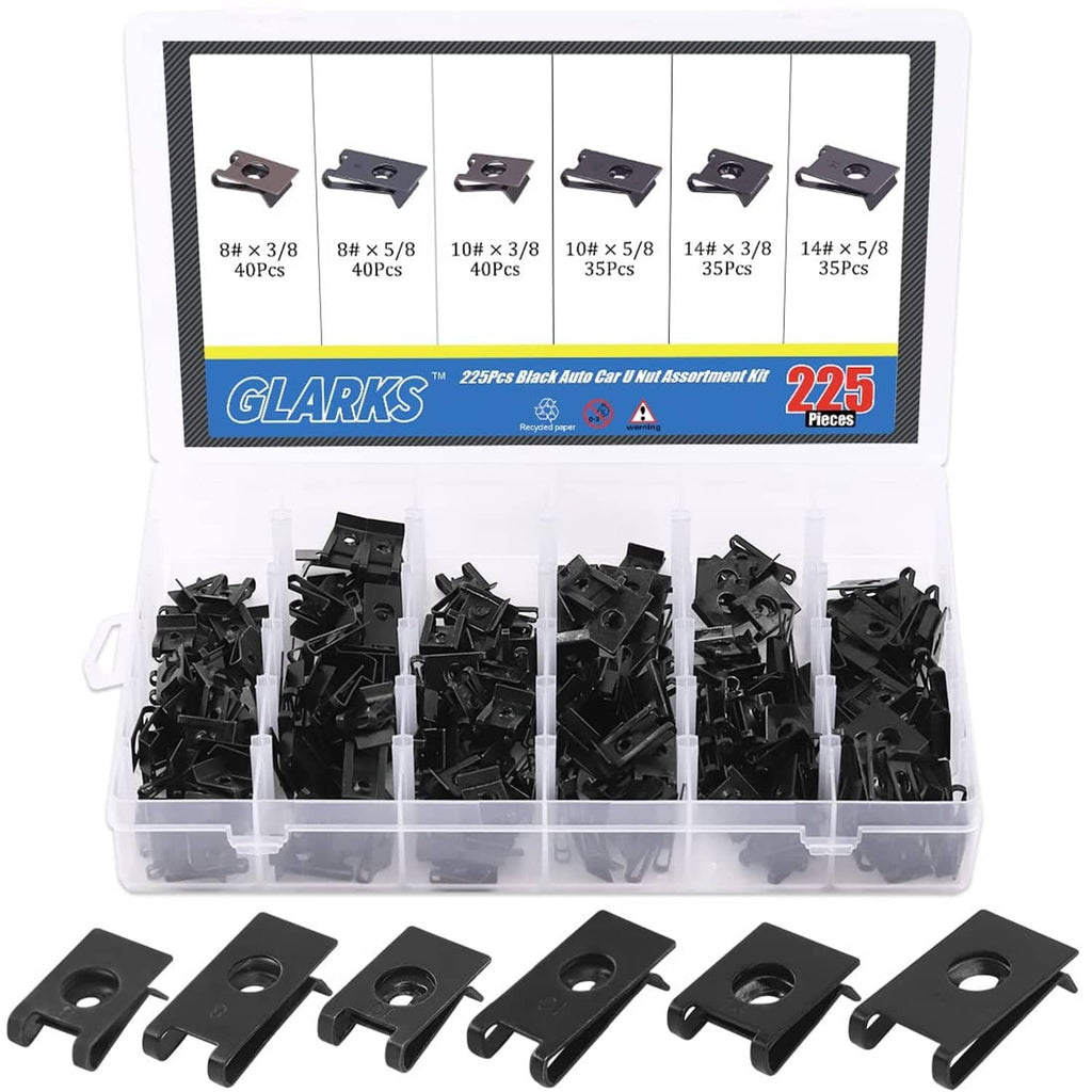 Assorted black U-nut clips in open tray with size labeled card