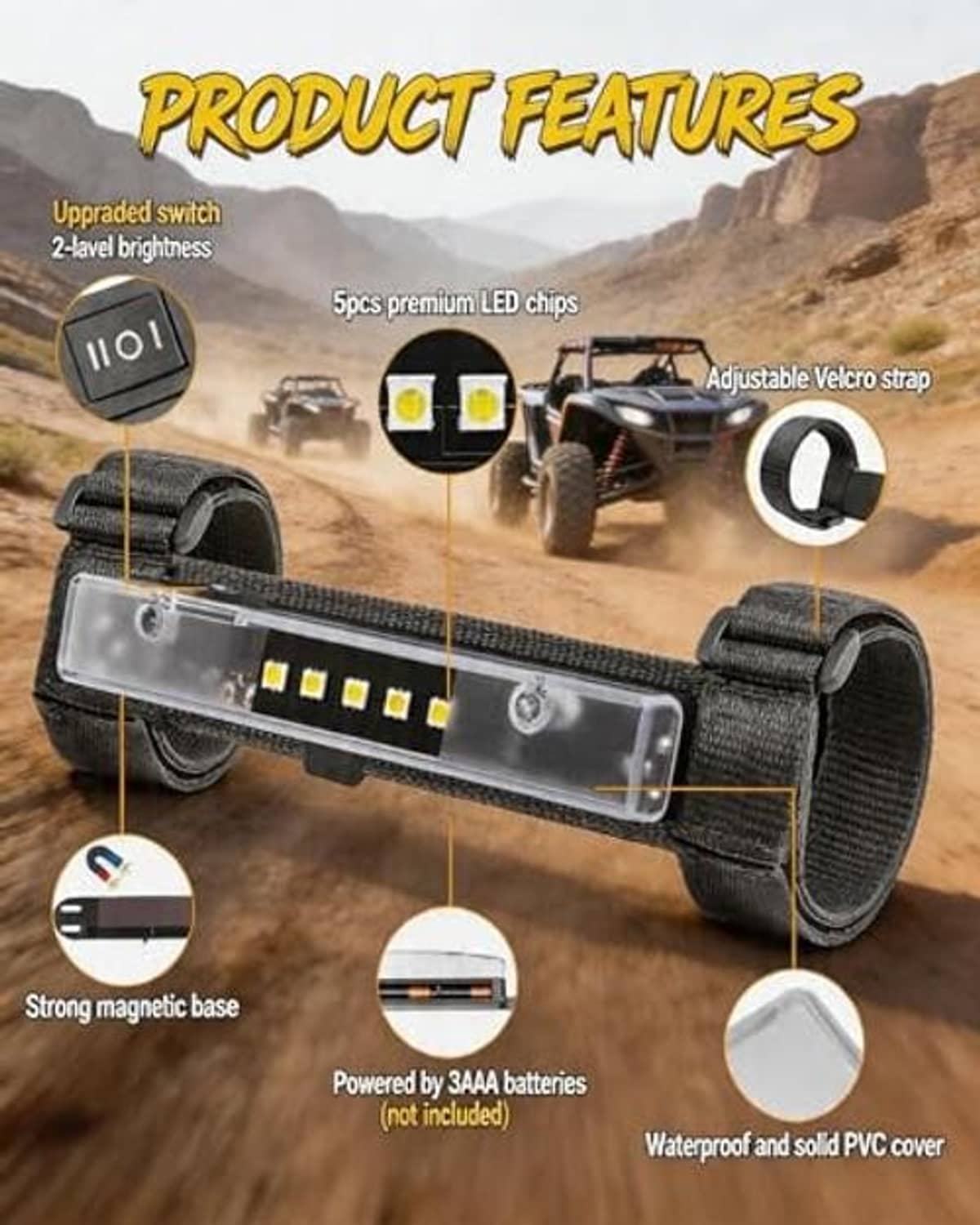 Universal LED light bar with 5 yellow LEDs, black Velcro straps, magnetic base