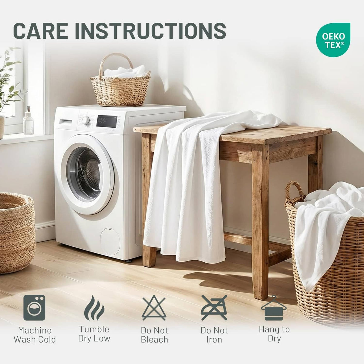 White shower curtain with care icons for washing, drying, and ironing