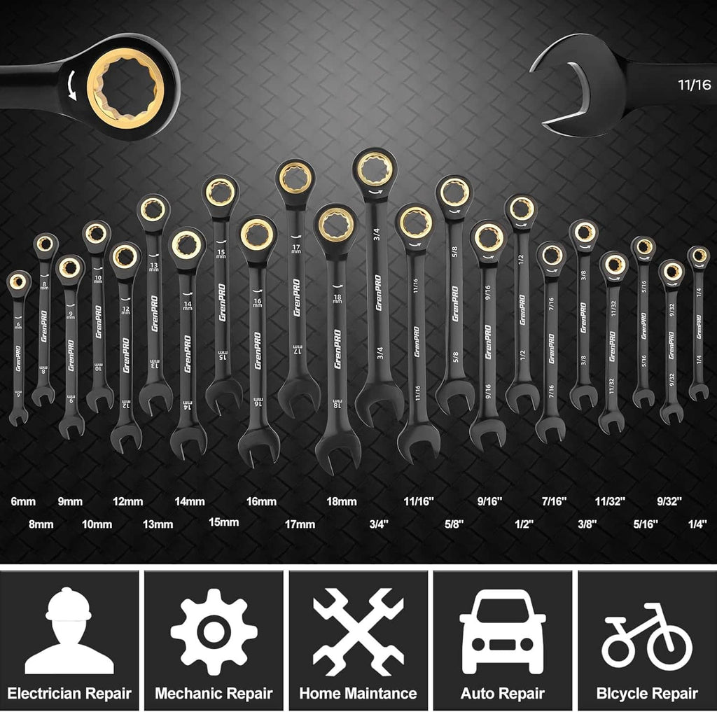 Ratcheting combination wrench set laid out on a textured surface, black with gold ends