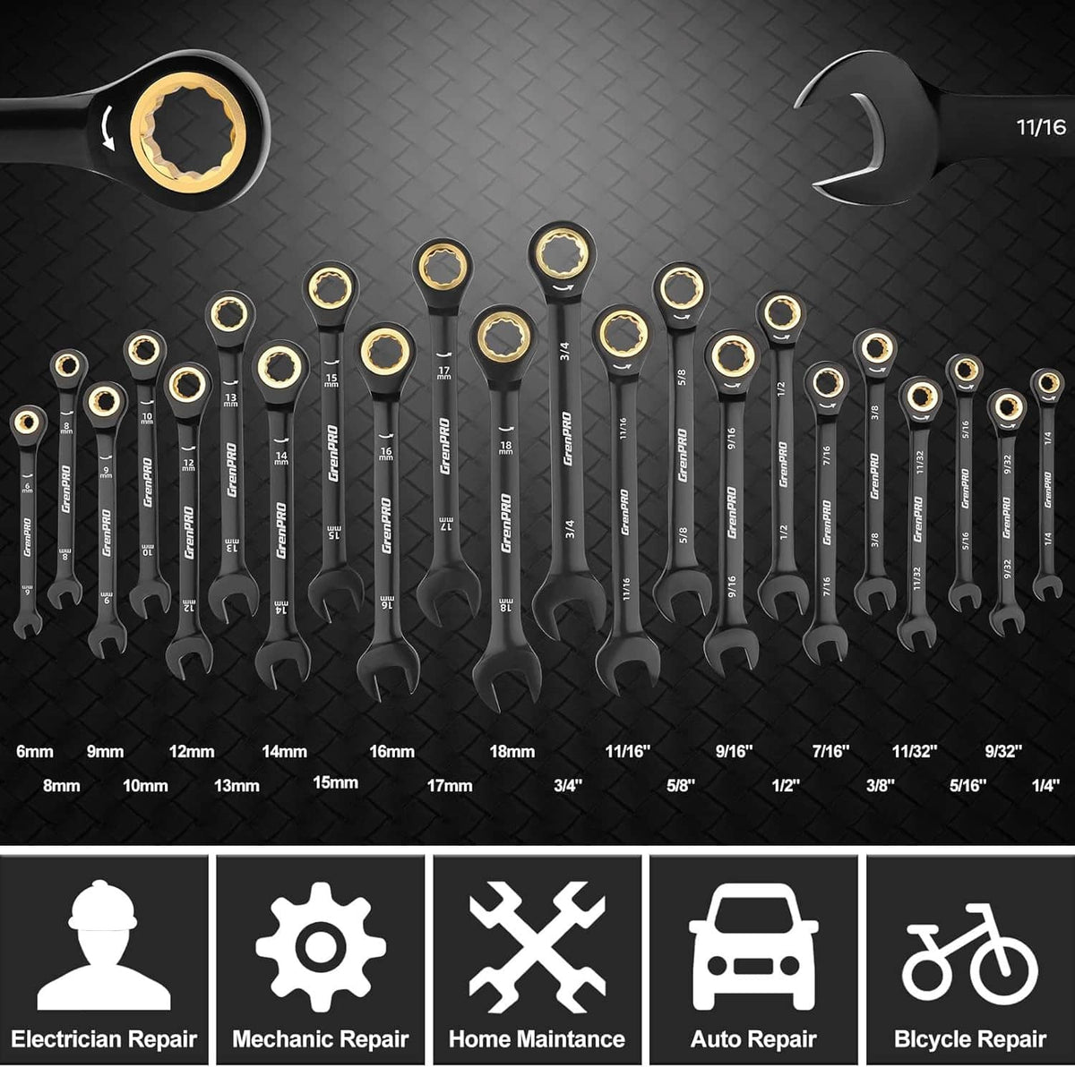 Ratcheting combination wrench set laid out on a textured surface, black with gold ends