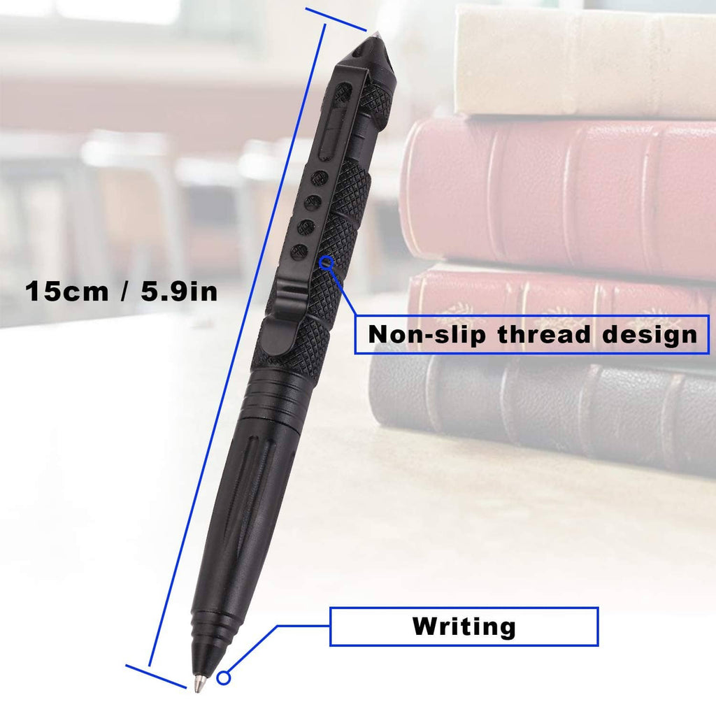 Black tactical ballpoint pen with ridged grip and pointed writing tip