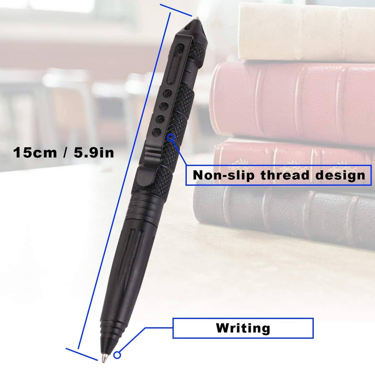 Black tactical ballpoint pen with ridged grip and pointed writing tip
