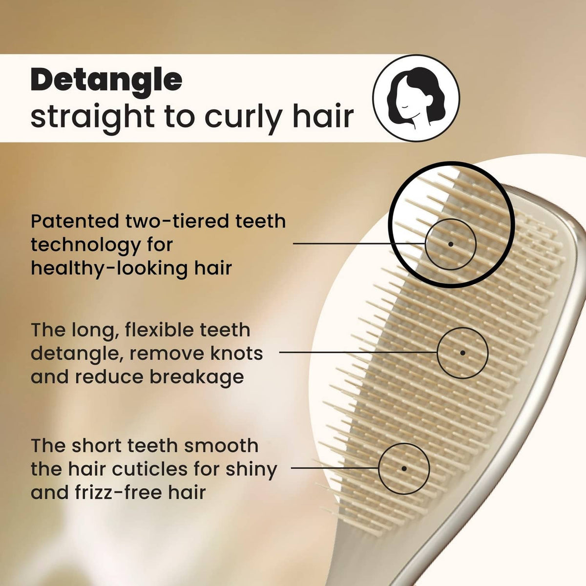 Champagne gold detangling hairbrush with arched handle and bristle teeth