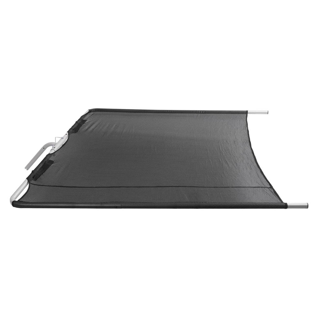 Boat sun shade in dark gray mesh with low-profile frame and silver support poles