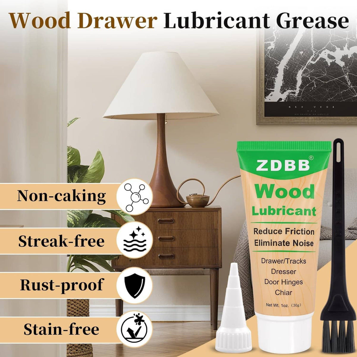 ZDBB wood lubricant tube with cone applicator and brush, for drawer and hinge surfaces