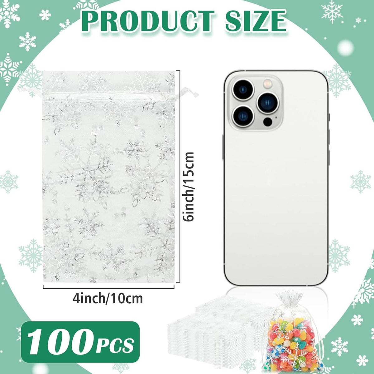 White organza drawstring gift bag with snowflake print, 4x6 in size