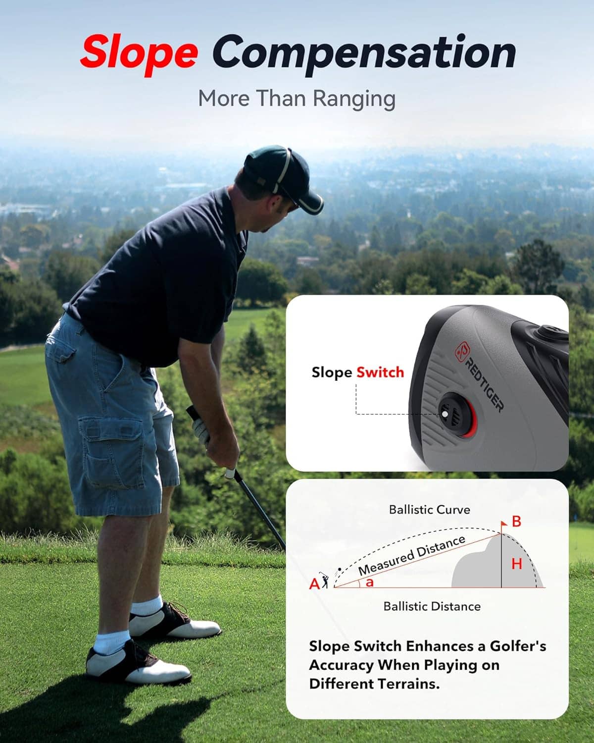 Black laser golf rangefinder showing slope switch area and side control buttons