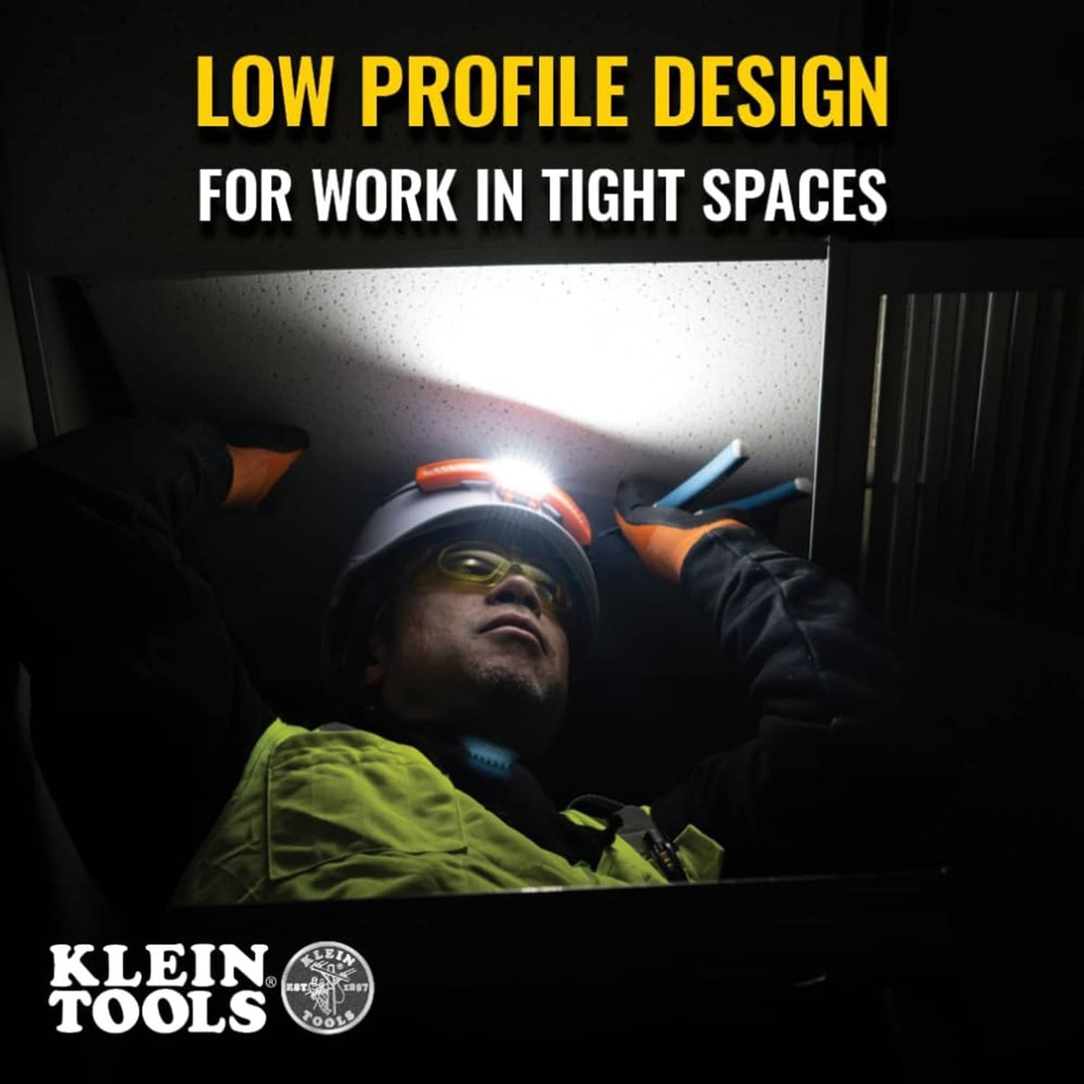 Rechargeable LED headlamp on hard hat shining bright wide beam