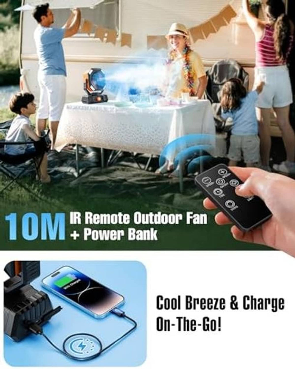 Outdoor misting fan with handheld remote, black housing and orange control knob