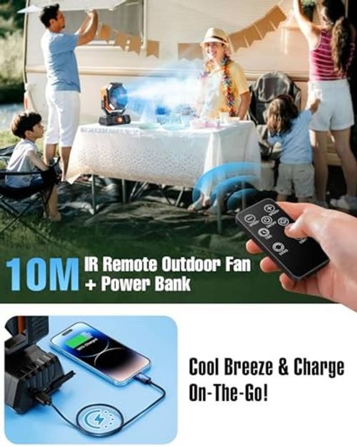 Outdoor misting fan with handheld remote, black housing and orange control knob