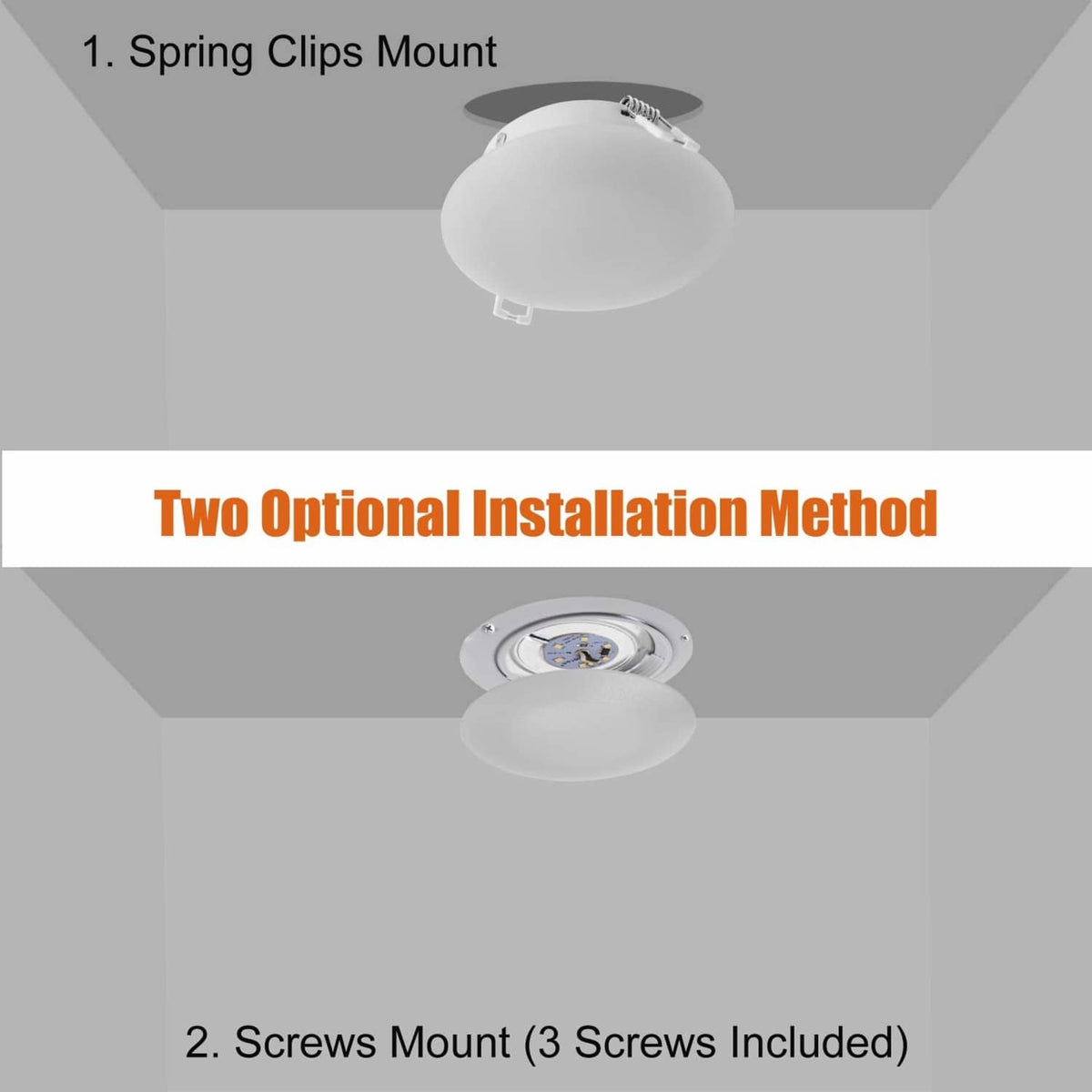 Recessed LED puck light installation options: spring clips or 3-screw mount