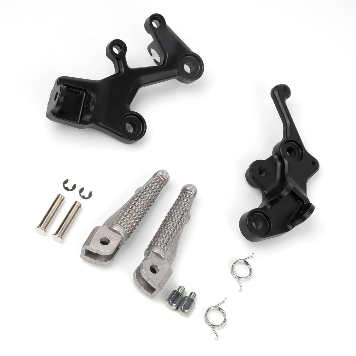 Black rider footpeg brackets with textured silver pegs and included screws and retaining clips